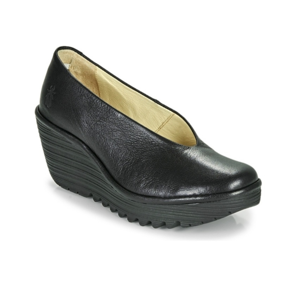 Fly London 9-9.5 Black Leather Yaz Wedges
